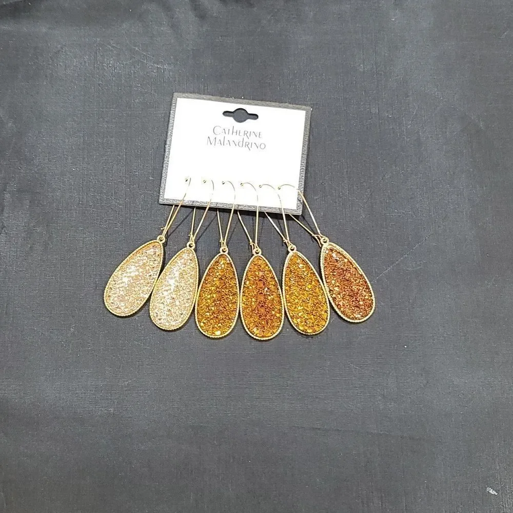 BRAND CATHERINE MALANDRINO FLAT TEARDROP DANGLE SPARKLY GLITTER CHARM EARRINGS